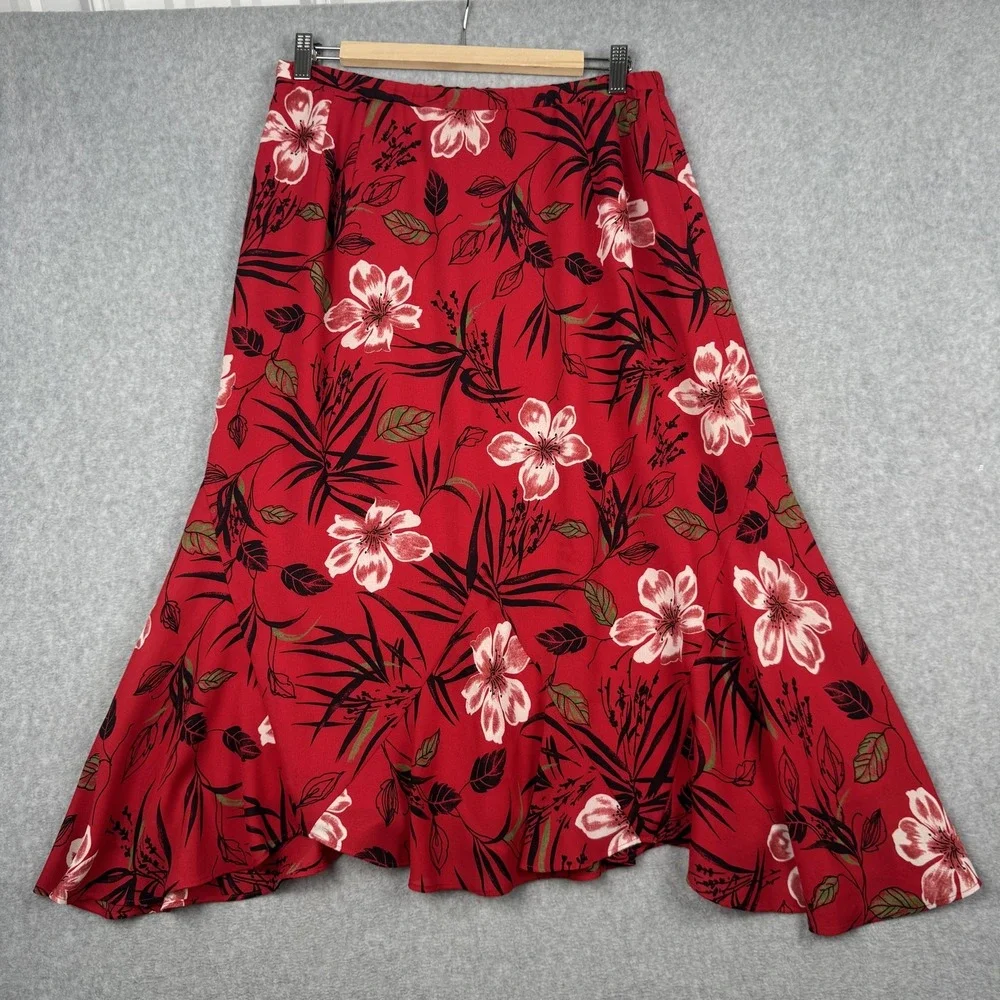 Pendleton Midi Skirt Womens 16P Red Floral Tropical High Low Ruffle Hem Tropical